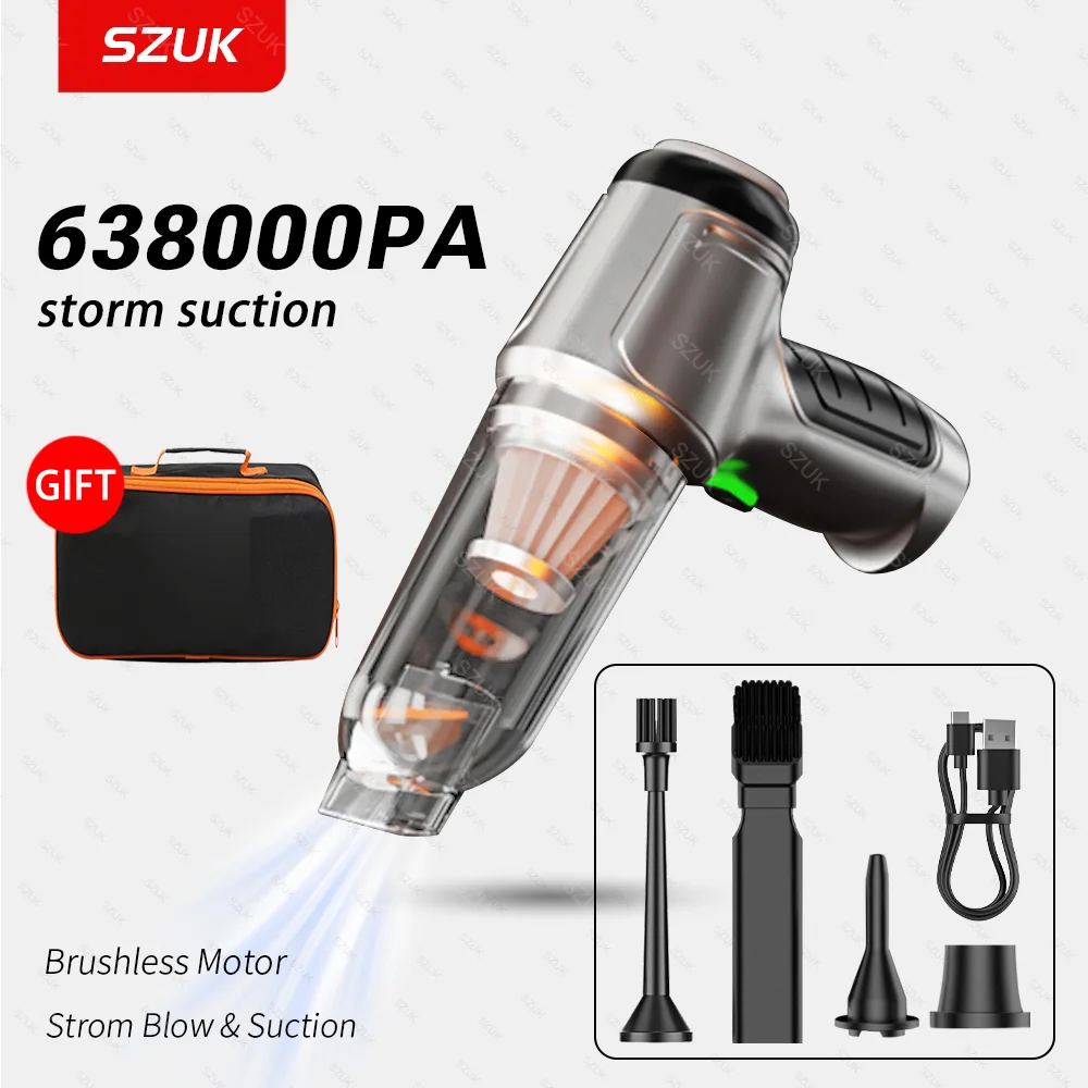 SZUK Car Vacuum CIeaner 638000Pa Wireless Mini Handheld Cleaning Machine Powerful Portable Blower Vacuum Cleaner for Car Home