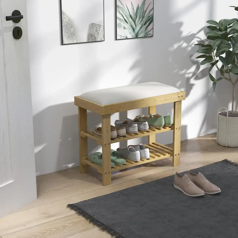 Banc à chaussures en bambou, coussin en lin de 4 cm d'épaisseur, étagère à chaussures respirante à 2 niveaux, capacité de 6 paires, capacité de charge de 150 kg, bambou naturel robuste