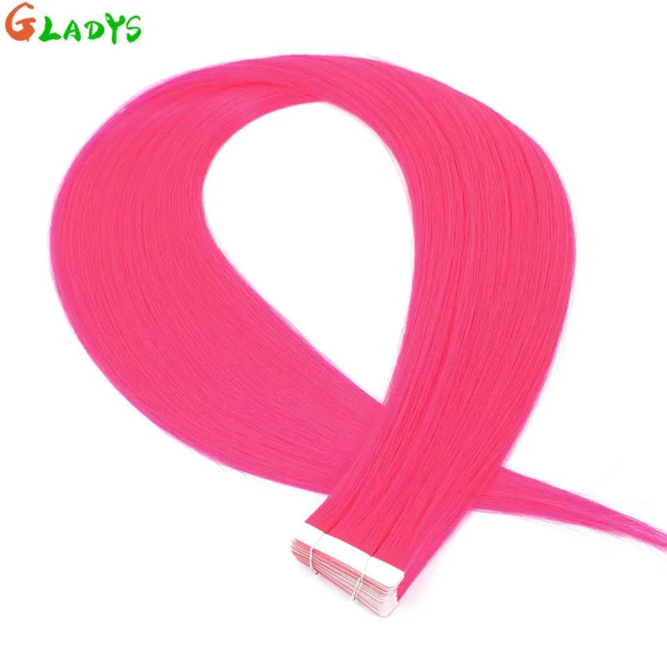 ผมต่อแบบเทป Gladys สีชมพูสังเคราะห์ตรง 50 กรัม/แพ็ค ใยทนความร้อนสูง เทปกาวสองด้าน