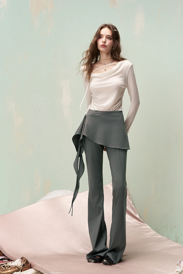 ELFSACK Y2K Flare Pants with Detachable Front Skirt, Stretchy Knit Sweet Trousers, Casual Streetwear Bottoms for Women