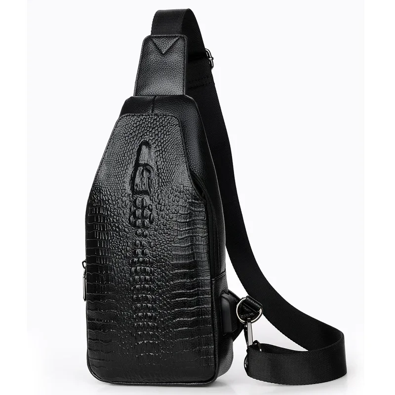 Luksusowa męska skórzana torba na klatkę piersiową Alligator Messenger Bag USB Charging Crossbody Bag Man Chest Pack Crocodile Pattern Sling Bag — zdjęcie 2