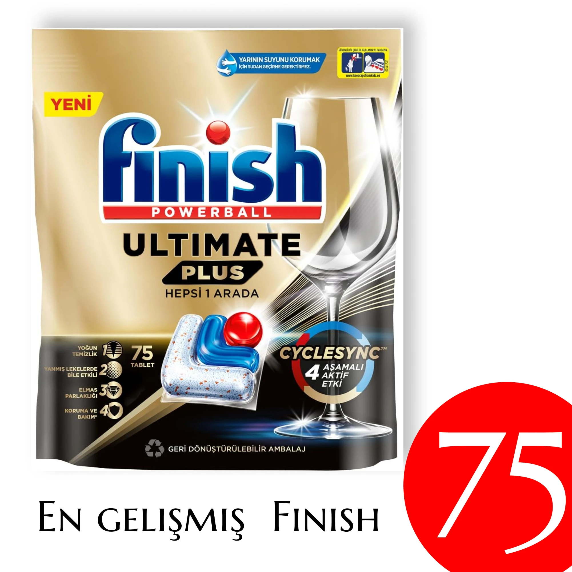 Finish Ultimate Plus - 75 Count - Dishwasher Detergent - With Protector Shield and CycleSync™ Technology - Dishwashing Dish Tabs