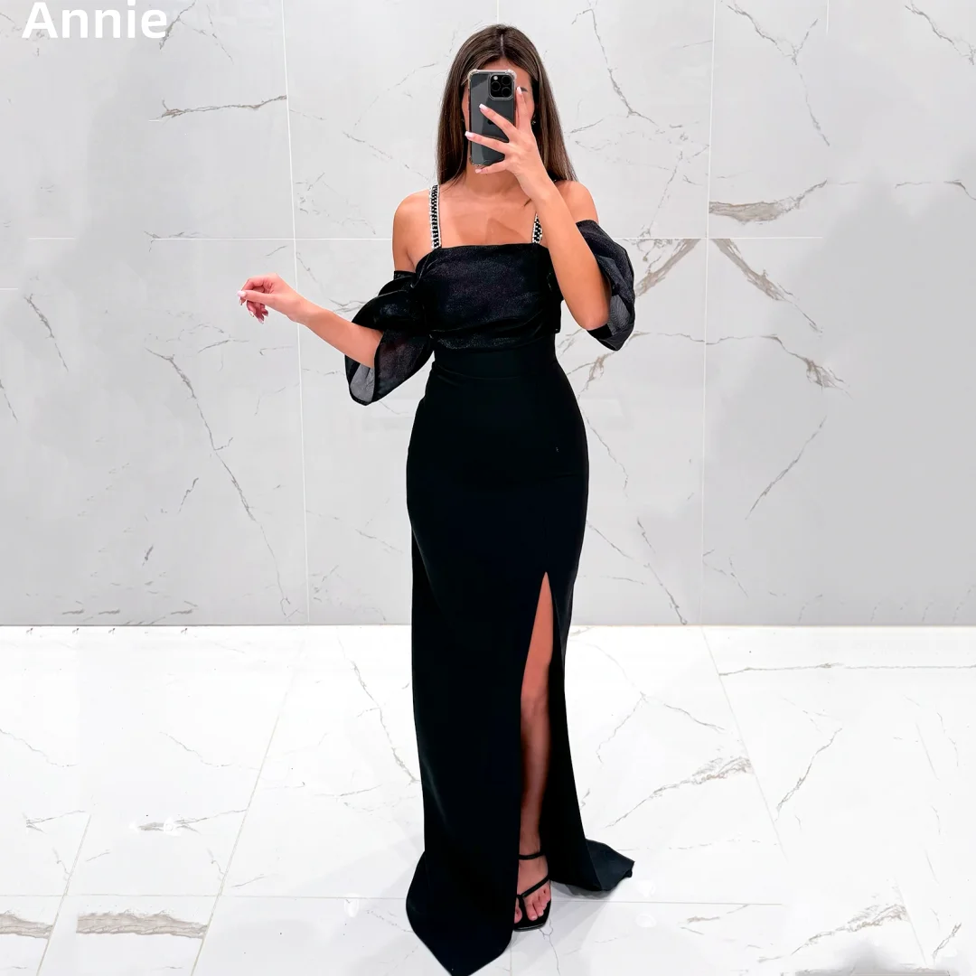 

Annie Black Prom Dresses Elegant Ladies Party Evening Dresses Spaghetti Straps With Handmade Beads فساتين سهرة