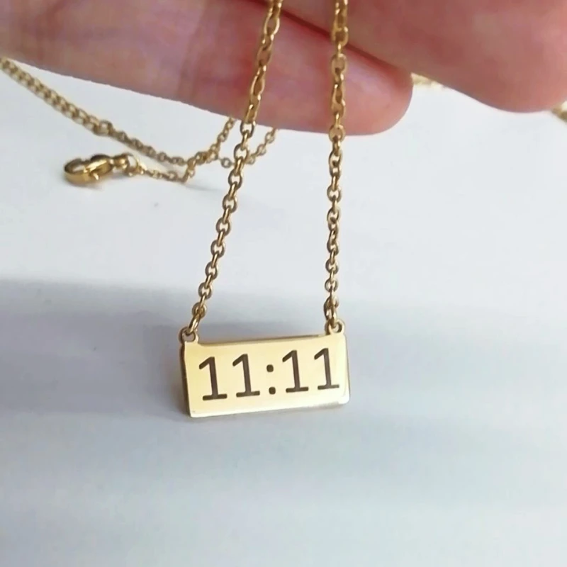 11:11 Rectangle Pendant Plate Necklace Fine Polished Stainless Steel Gold Color Plated Necklace Meaningful Angel Number Jewelry