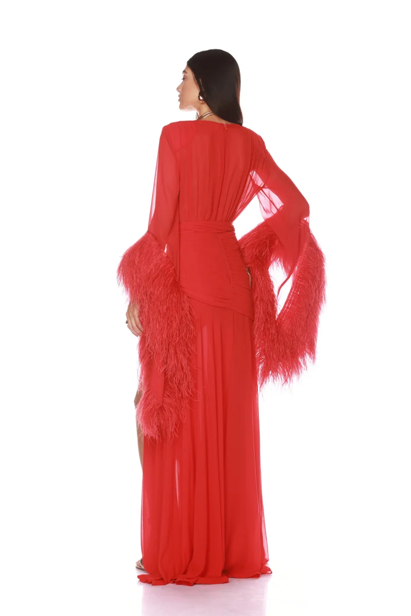 آني الشيفون طويلة الأكمام العميق الخامس الرقبة فساتين لحضور الحفلات الموسيقية اليدوية ريشة فساتين السهرة الفاخرة أنيقة سيدة فساتين الحفلات Fساتين Sheer #3