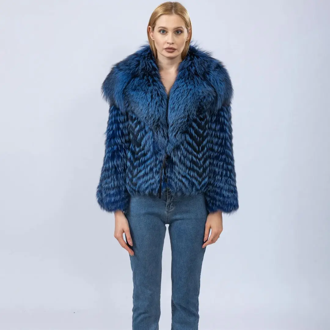 Royal Blue Natural Silver Fox Fur Jacket with Big Turn-down Collar Winter New Genuine Leather Fox Fur Coats Short Outwear