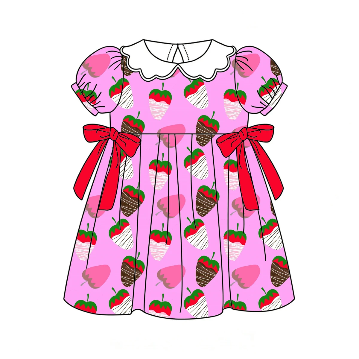 Boutique children's dresses hot-selling collars and puff sleeves bow embellishments floral strawberry gemstone prints wholesale