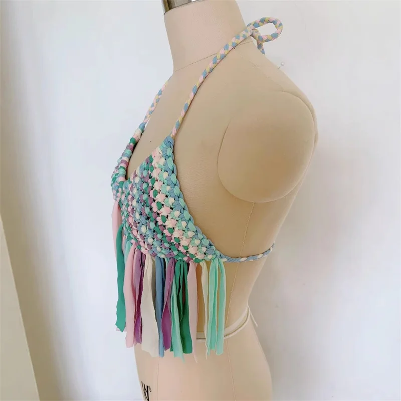 手作りのクロシェビキニトップブラカバーアップセクシーホルターレースアップタッセルニット水着ベスト女性用水着