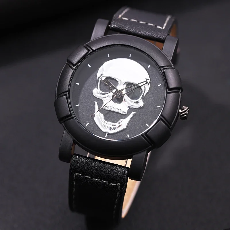 Montre-bracelet à quartz en cuir pour homme, montres tête de mort 3D personnalisées, sport militaire masculin, luxe, décontracté, mode