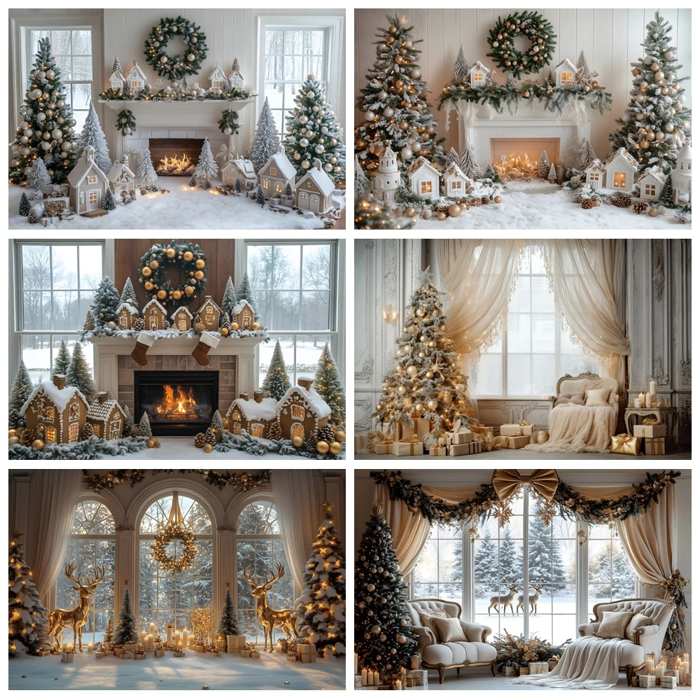 

Christmas Photography Backdrop Winter Window Fireplace Xmas Tree Elk Gift Indoor Kids Portrait Family Party Photo Background