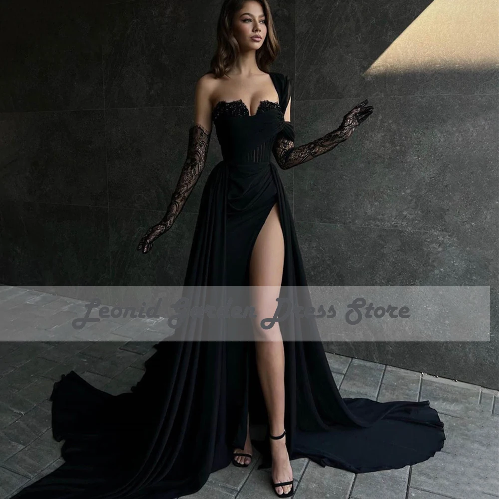 Black One Shoulder Prom Dresses With Gloves Side Split Evening Dresses Elegant For Women Wedding Party Gowns Mermaid فستان سهرة