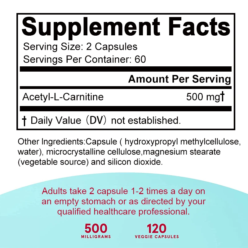 Acetyl-L-Carnitine Capsules - Nootropic Brain Supplement - Supports Energy Production and Metabolism - 120 Capsules