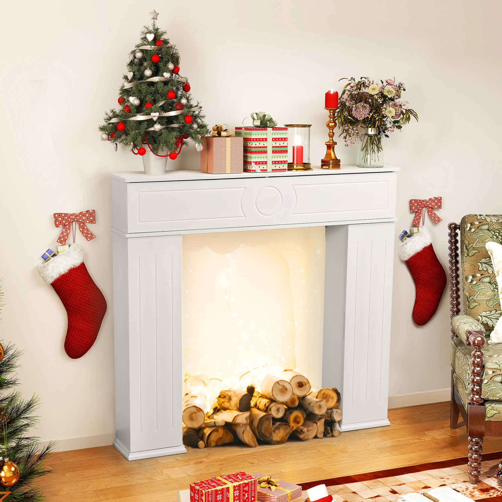 Anajqaqia 100×107×18 cm Fireplace Cabinet, Fireplace Frame with Storage and Shelves, White Decorative Wooden Fireplace Cabinet