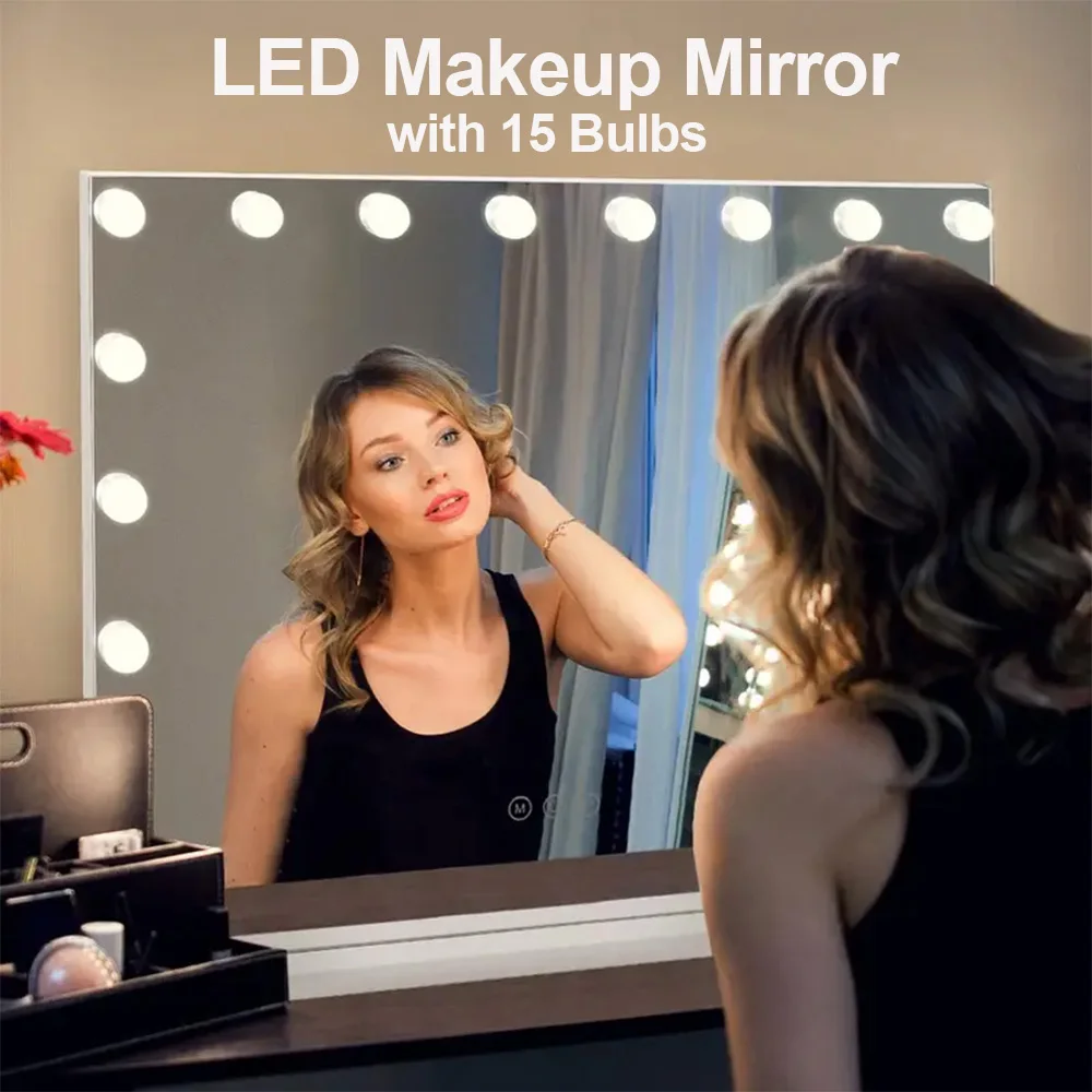 Espejo de tocador de escritorio LED para dormitorio de estilo americano y europeo 58 × 46 cm 3 modos de color Puerto USB grande iluminado con 15 bombillas