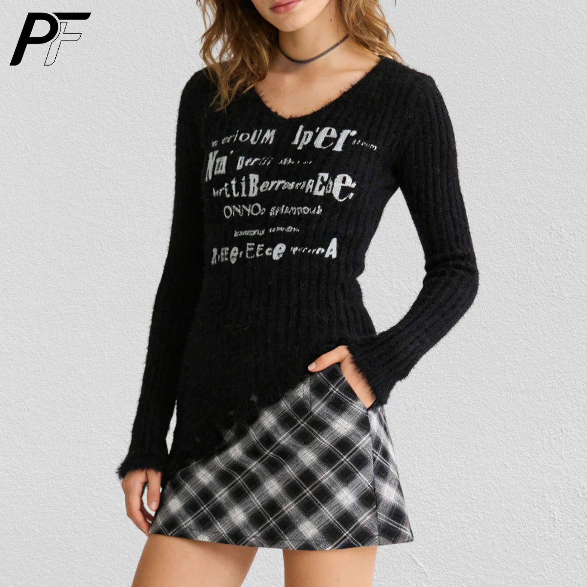 

Y2K Fuzzy Knit Sweater Women Irregular Ruffle Hem Letter Print Slim Fit Long Sleeve Streetwear Pullover Top For Autumn Winter