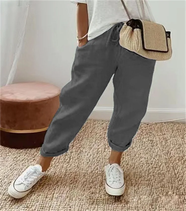 Summer Autumn Cotton Linen Pants Women\'s Solid Elastic High Wasit Lace Up Pockets trouser Ladies Loose-fitting Nine Points Pants