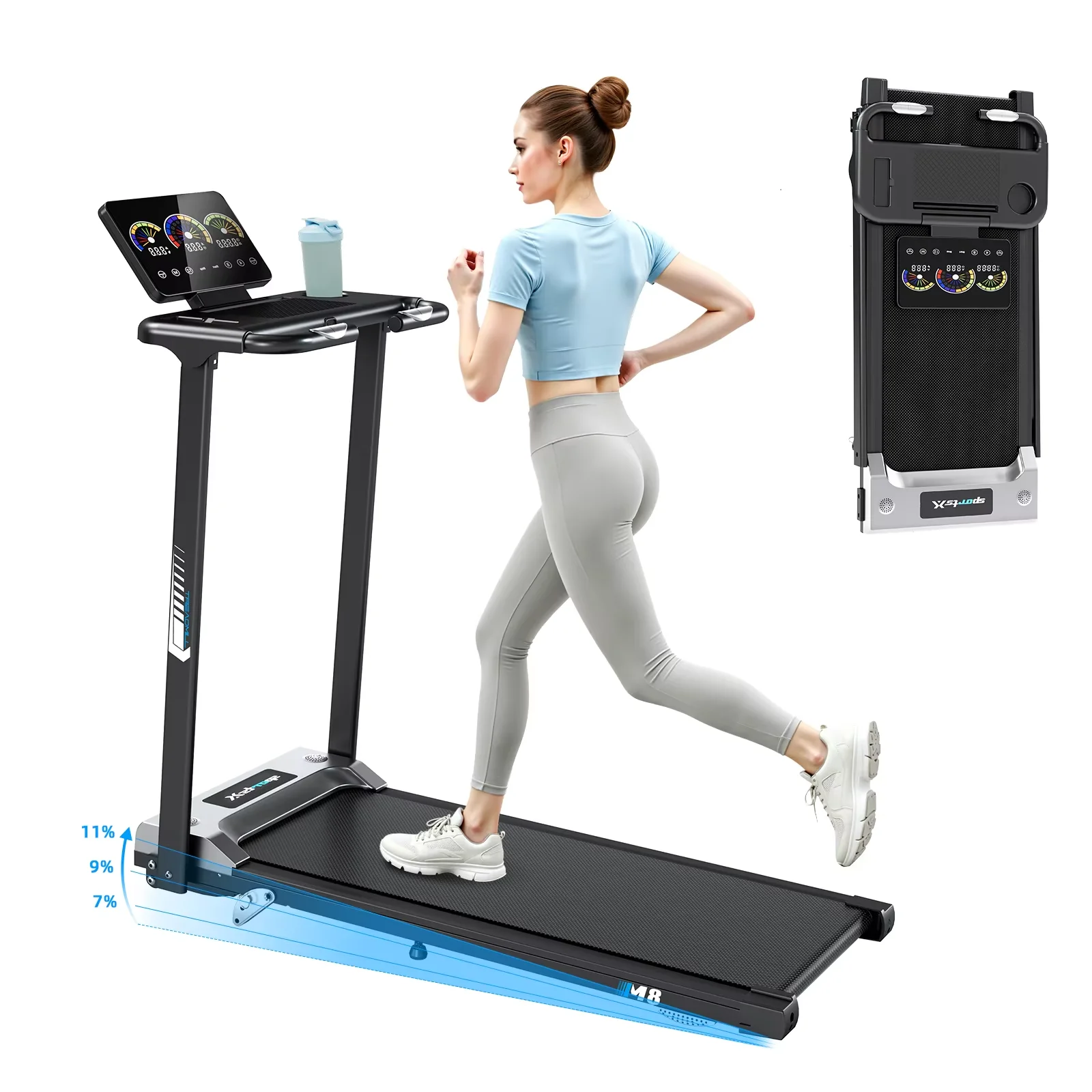 Tapis de course pliable 3-en-1, moteur électrique domestique, moteur pic 3,0 HP, inclinaison réglable jusqu'à 11 %, vitesse 1-12 km/h, capacité de charge 150 kg, écran LED, tapis de course silencieux pour la maison