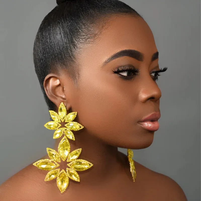 Pageant Statement Jewelry Silver Gold Color Long Big AB Crystal Rhinestone Flower Dangle Chandelier Earrings for Women