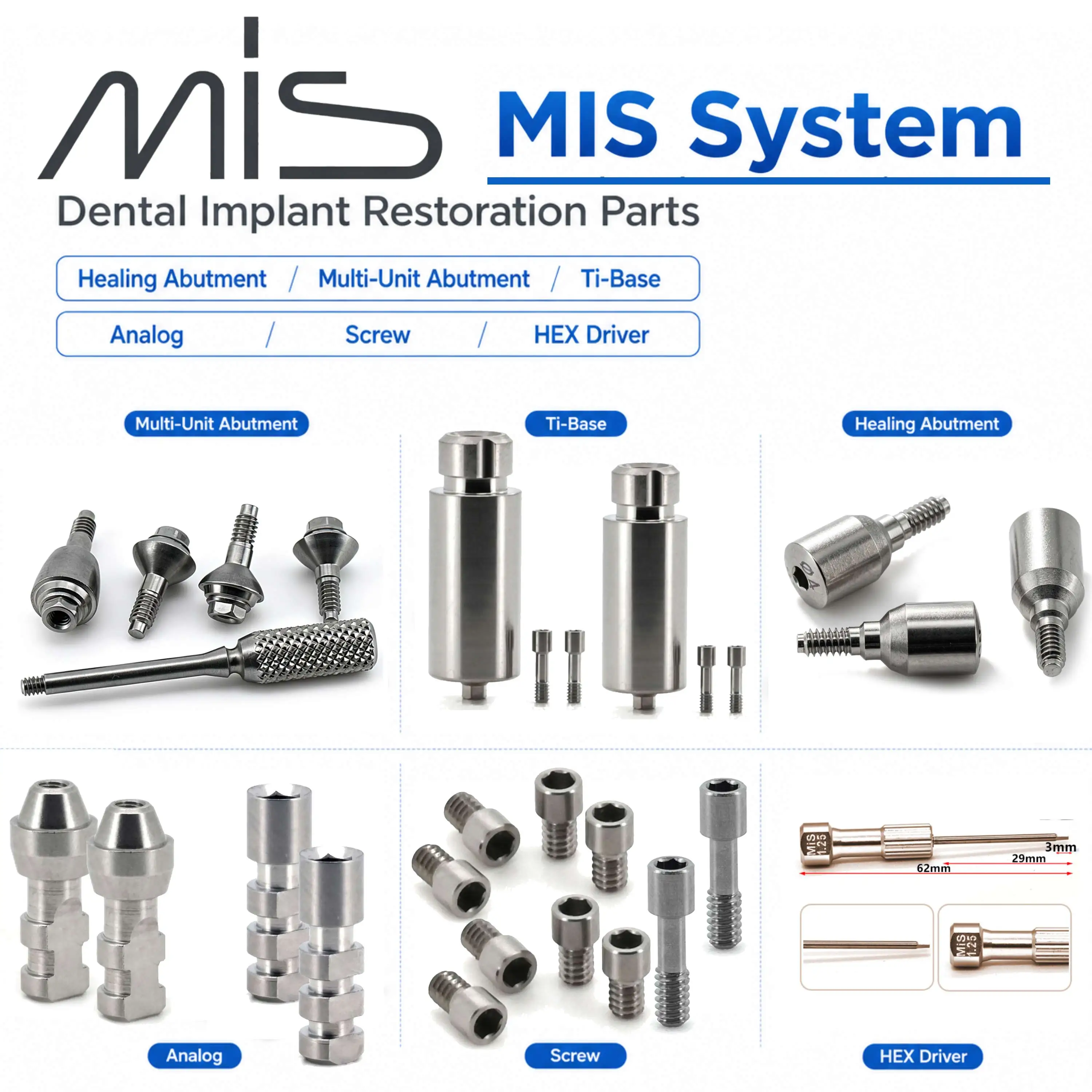 For MIS System Dental Lab Prosthodontic Titanium Parts Healing Abutment Multi‑Unit Abutment Ti‑Base Analog Screws Driver