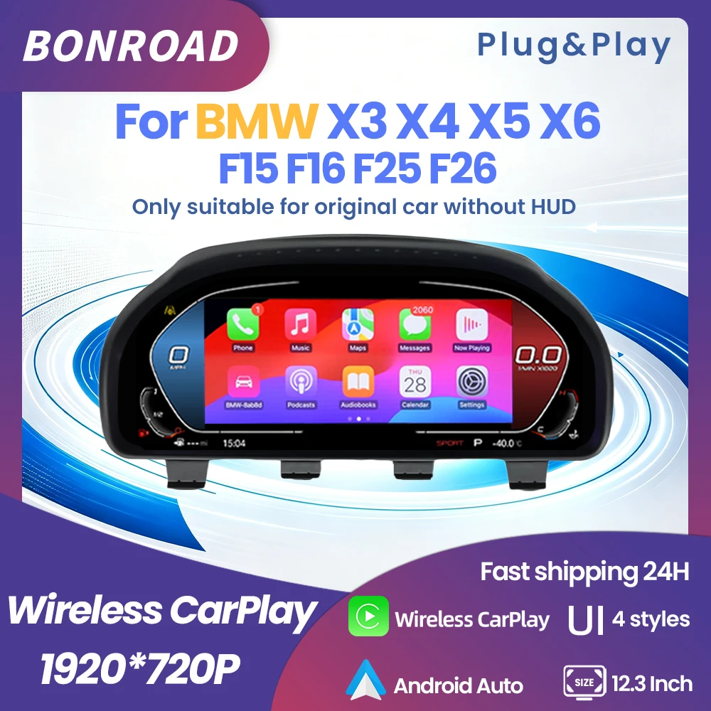 BONROAD 12,3" 1920*720P Cruscotto Digitale LCD con CarPlay Wireless per BMW X3 F25 X4 F26 X5 F15 X6 F16 2011-2018 Display di Navigazione e Tachimetro