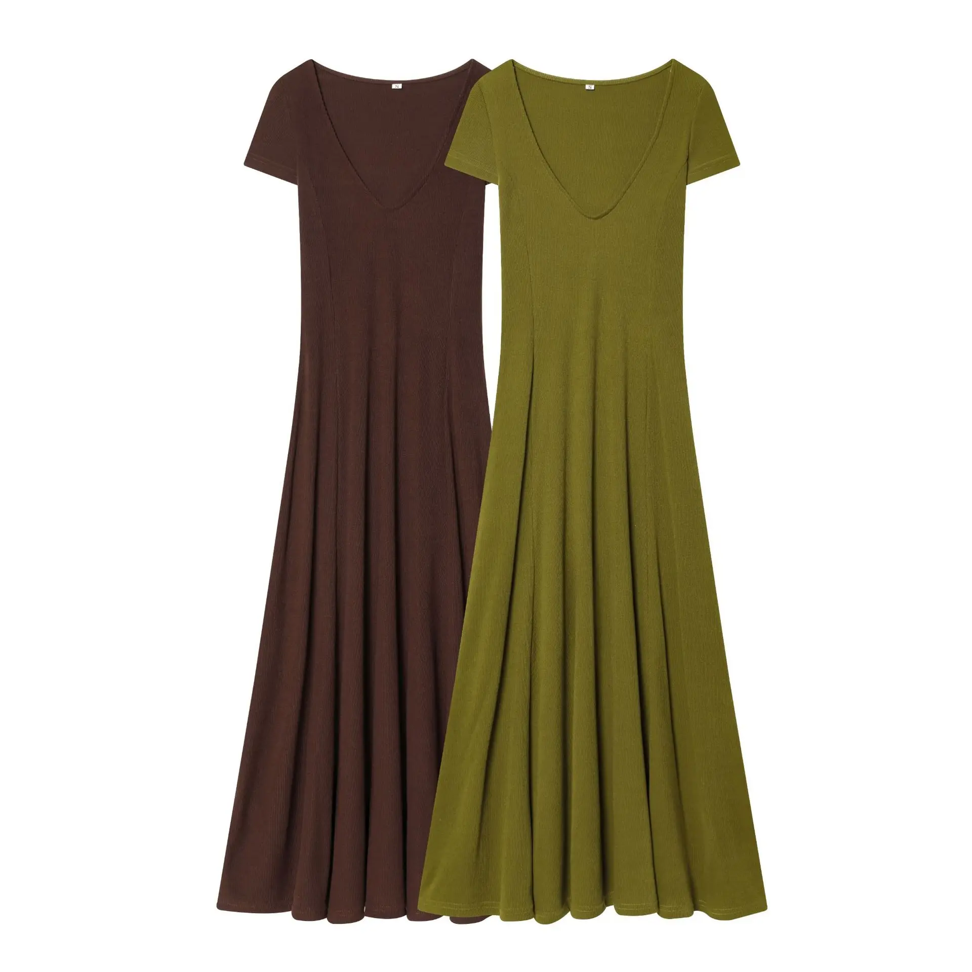 Fashion Deep V Neck Short Sleeve Dress Women Casual Elastic High Waist Flared Swing Maxi Dresses Summer Beach Vacation