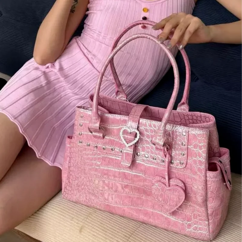 

Women Crocodile Pattern Tote Bag Pink Heart Print Shoulder Bag Large Capacity PU Leather Commuter Handbag Elegant Purse