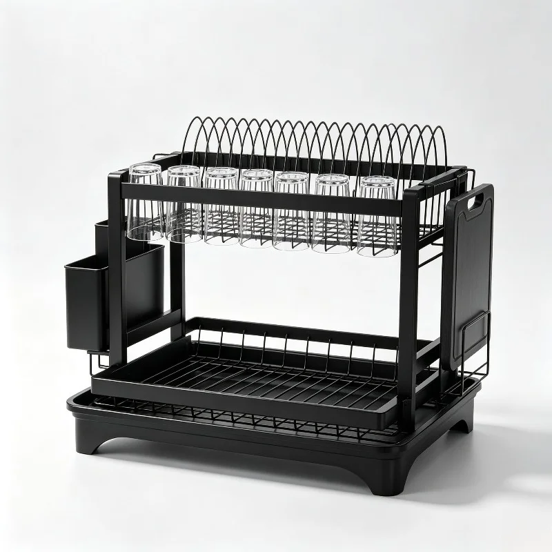 2-Tier Metal Dish Rack | Rustproof Kitchen Counter Organizer with Cutlery Cup, Board Holder & Draining Tray