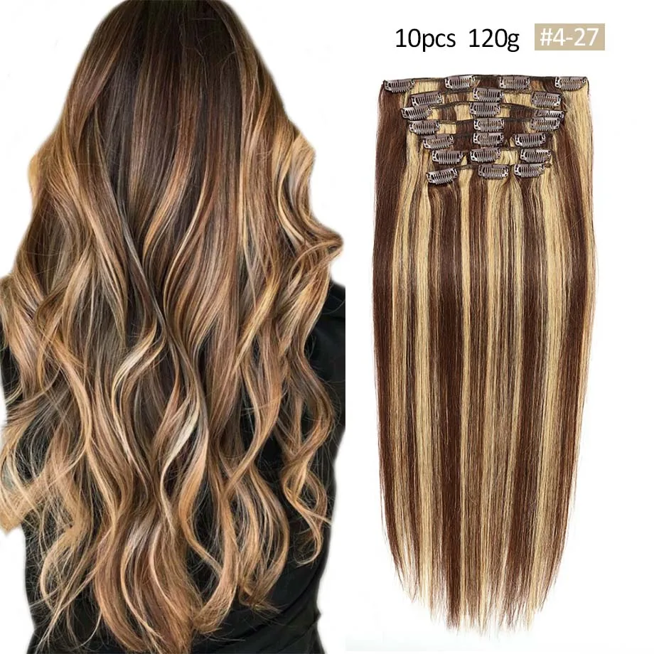 Extensiones de cabello humano con Clip, 10 piezas, marrón Chocolate a rubio caramelo, Natural, liso, Remy, 120g