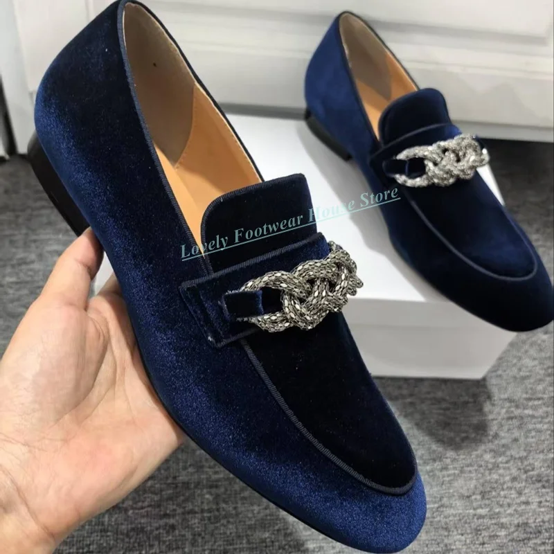 

Luxury Silver Braided Chain Men Dark Blue Loafer Shoes Velvet Slip On Comfortable Flat Heel Male Round Toe Single Shoes