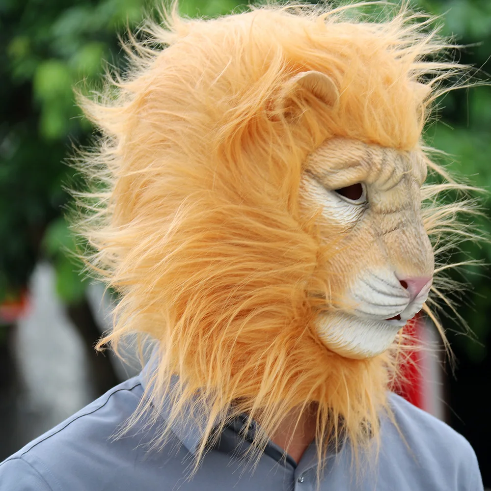 Latex Lion Mask Latex Soft Funny Party Animal Masks Lion Hair Adult Joker Halloween Маска Costume Ball Headgear Props One Size