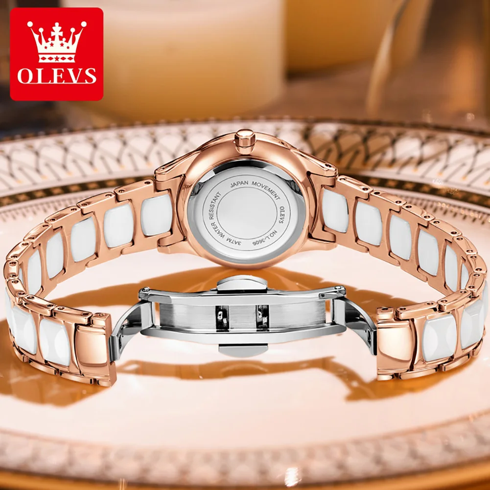 OLEVS Rose Gold Ceramic Japan Quartz movement Ladies Watch Elegant Fashion Luxury Luminous Valentine's Day Christma Gift