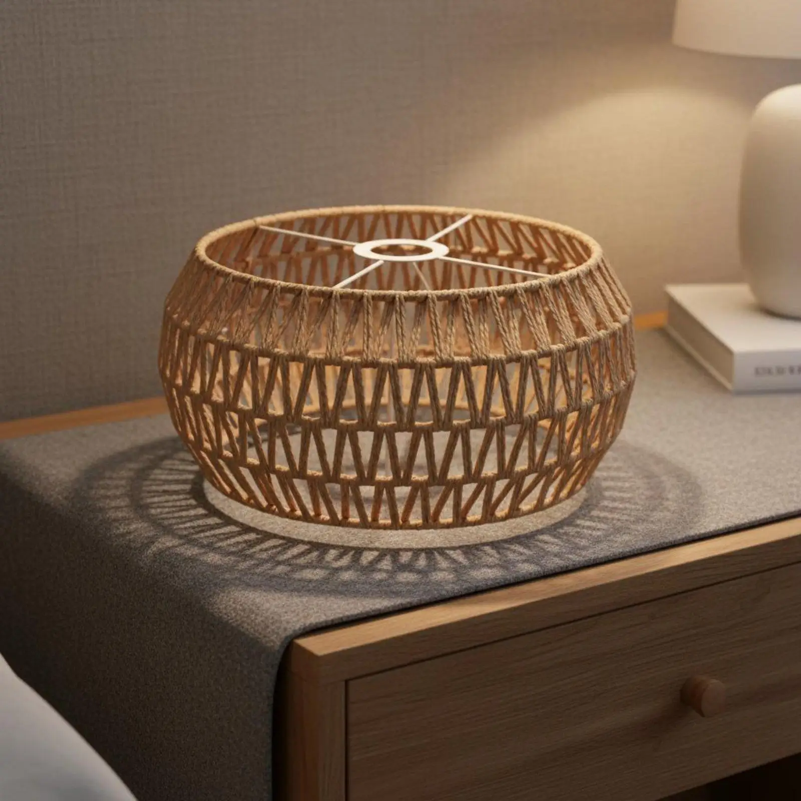 Handwoven Paper Rope Drum Lampshade Double Layer Boho Rattan Pendant Light Shade Restaurant Lamp Cover for Home Bedroom Decor