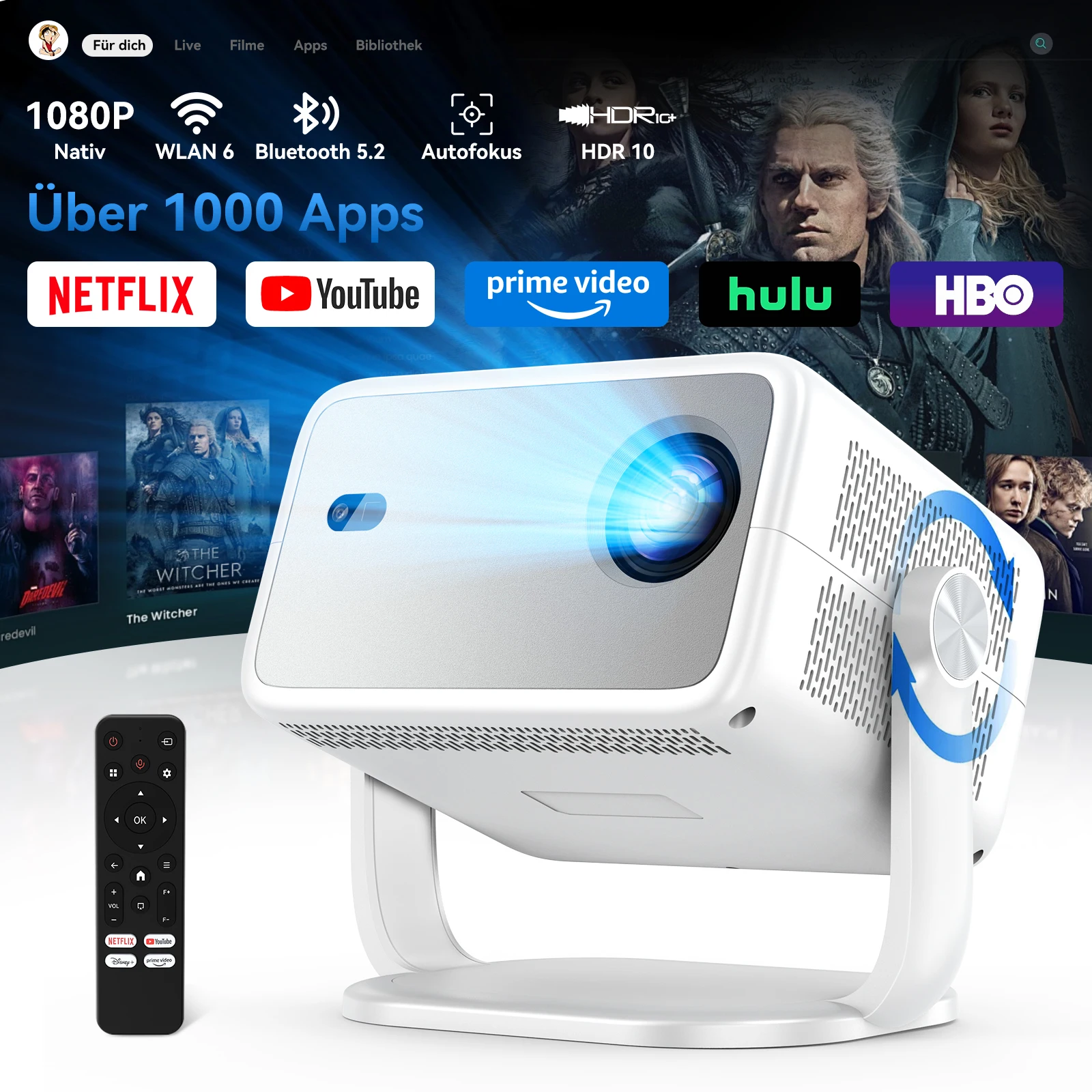 Huidun PT10 Mini-Projektor 200 Zoll 1400 Lumen 4K 1080P LED Heimkino-Projektor mit KI-Sprachsteuerung, Google TV & Netflix
