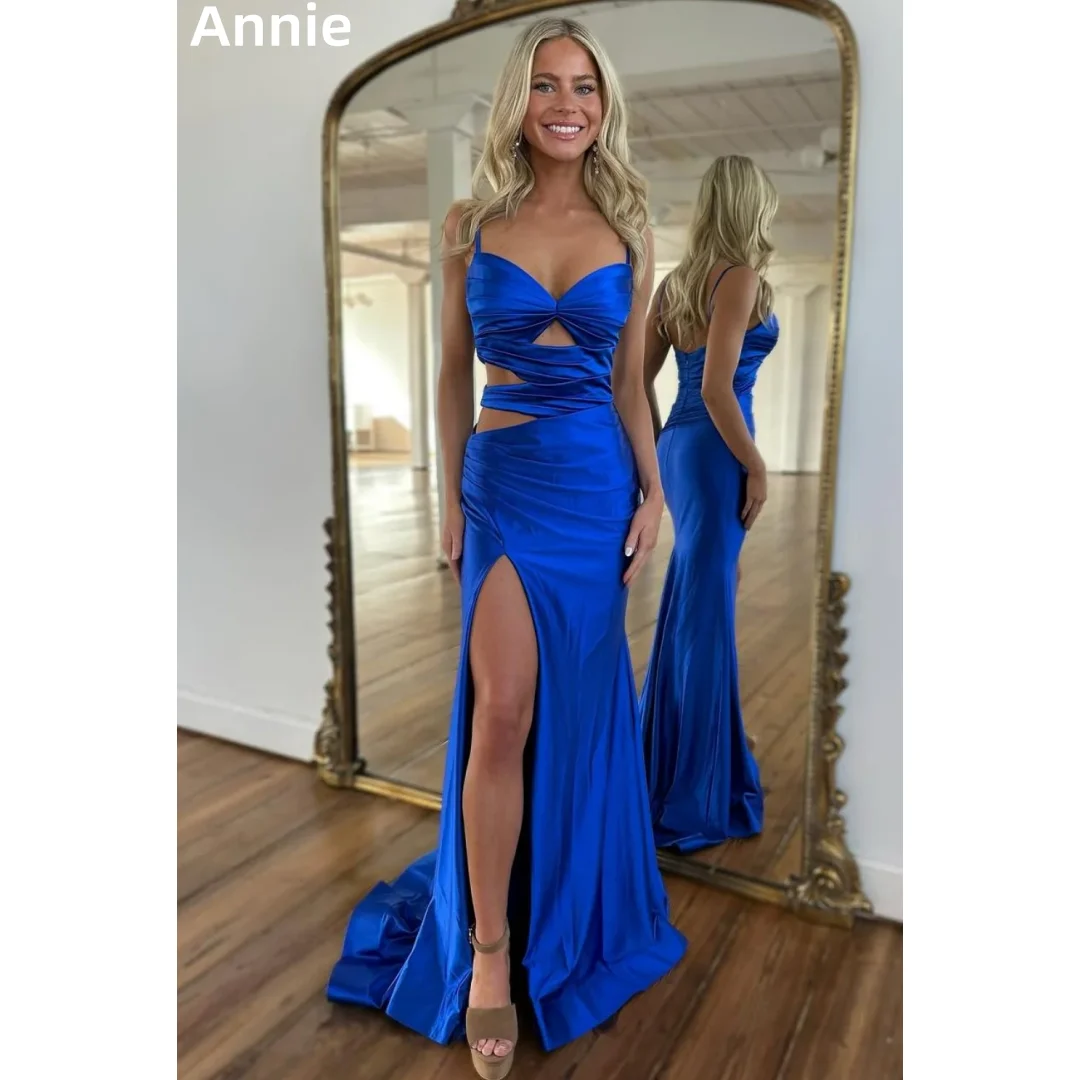 Annie الخصر فساتين حفلة موسيقية مجوفة الأزرق الحرير الساتان فساتين السهرة حورية البحر الجانب الشق السيدات سيدة فساتين الحفلات Festasين Sheer