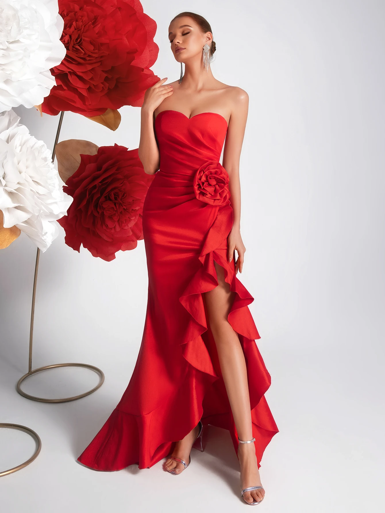 Adyce Fashion Women Strapless Dimensional Flower Slit Irregular Dresses Ruffle Trim Backless Tie-Up Prom Party Dress Vestidos