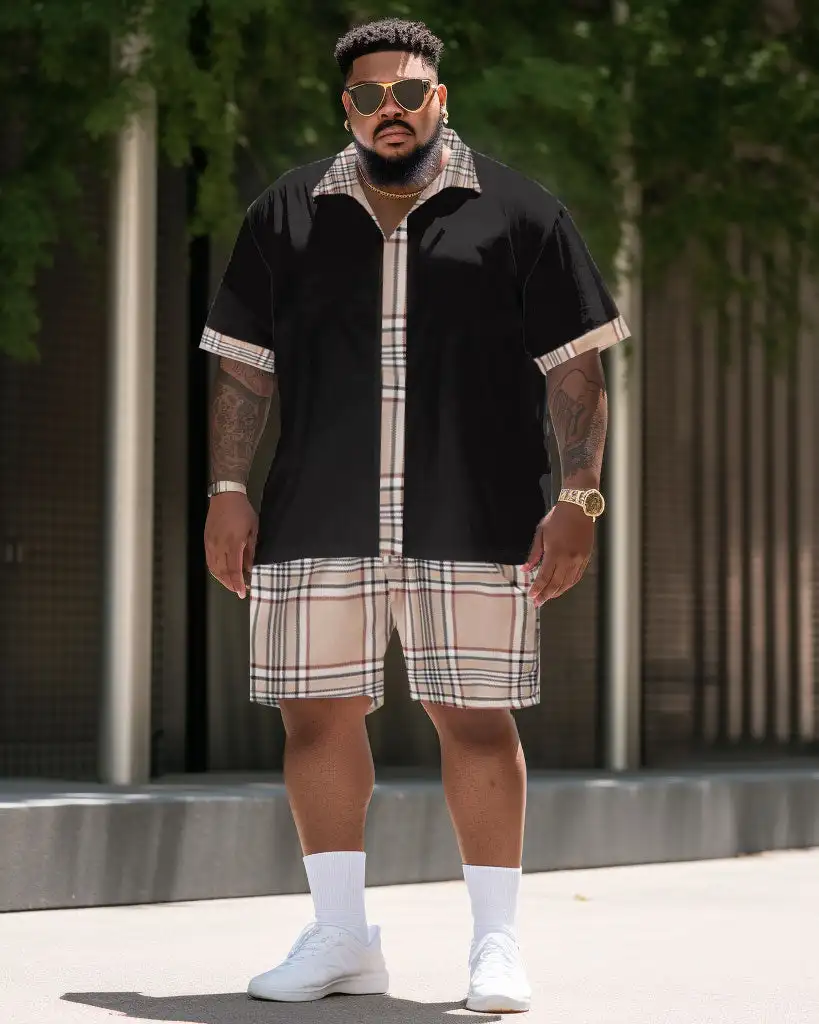 Men's Large Size Casual Color Block Plaid Retro Street Short Shirt Shorts Suit