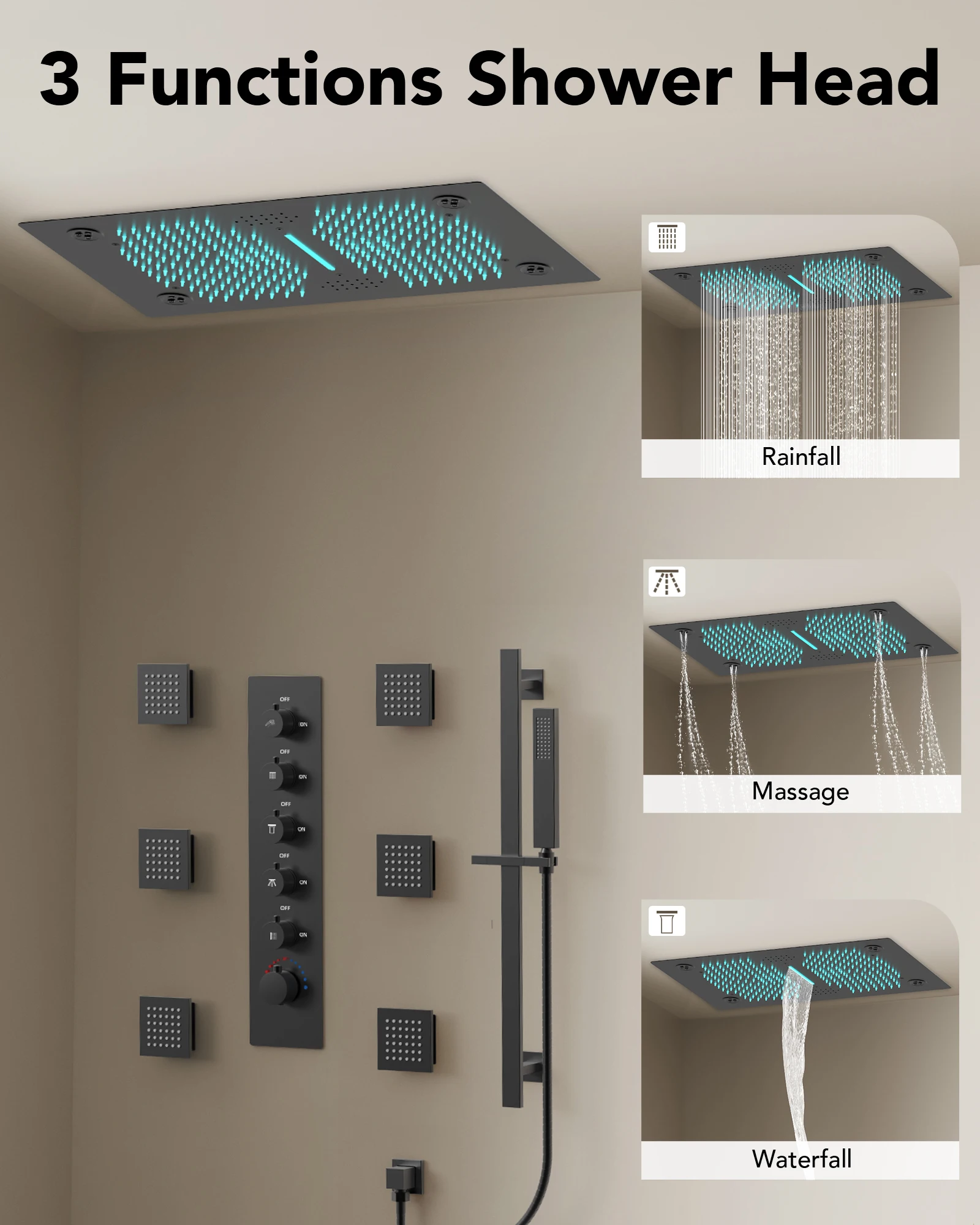 EVERSTEIN-Sistema de ducha de lujo, 28x16 pulgadas Juego de grifo de cabezal de ducha LED y música para baño, ducha de múltiples modos con chorros de mano