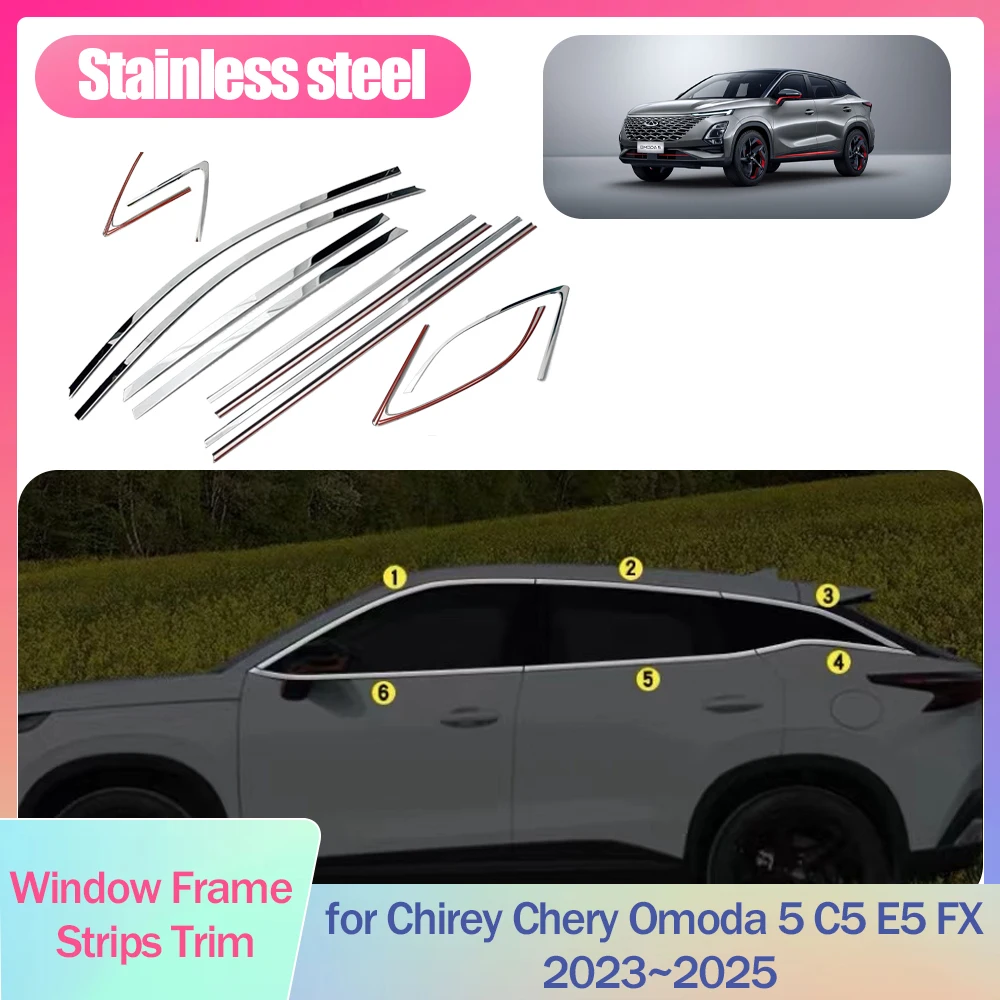 Full Window Frame Strips Trim for Chirey Chery Omoda 5 C5 E5 FX 2023~2025 Cover Silver Stainless Steel Sticke Styling Accessorie