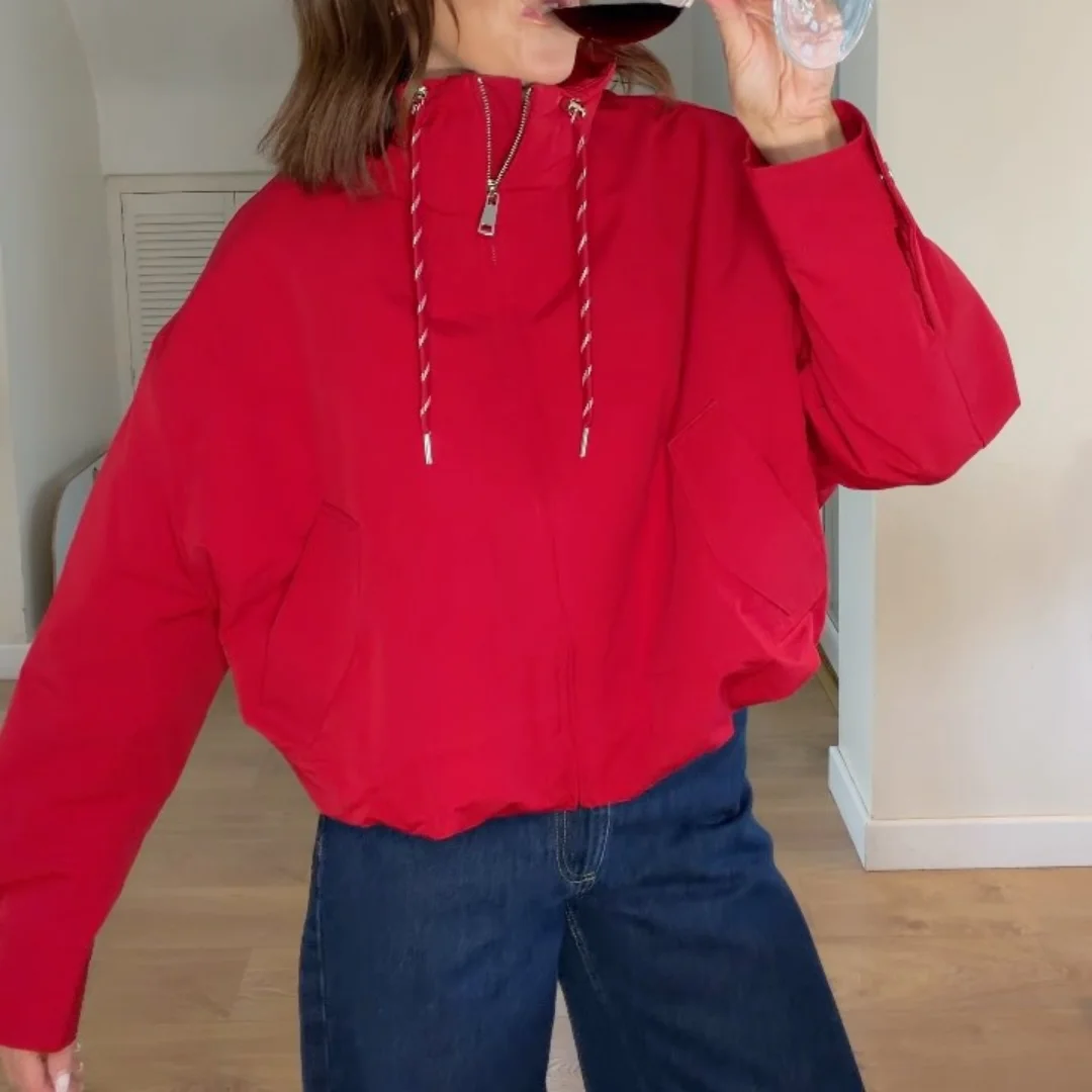 Women Red High Neck Jacket Drawstring Bubble Hem Zip Up Coat Loose Casual Windbreaker Streetwear Outfits Sporty Tops 2026