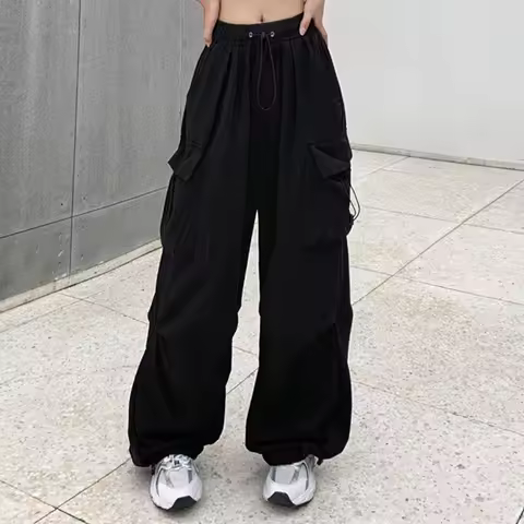 2024 Women Casual Joggers Tech Pants Solid Low Waist Pants Drawstring Wide Leg Baggy Trousers Y2k Streetwear Oversize Sweatpants