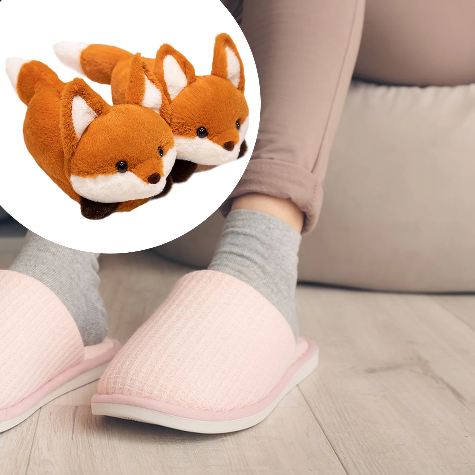 Funny Animal Slippers Cute Fox Shaped Plush Soft Warm House Shoes Non-Slip Sole Novelty Slippers for Indoor Home Use Bedroom view 5