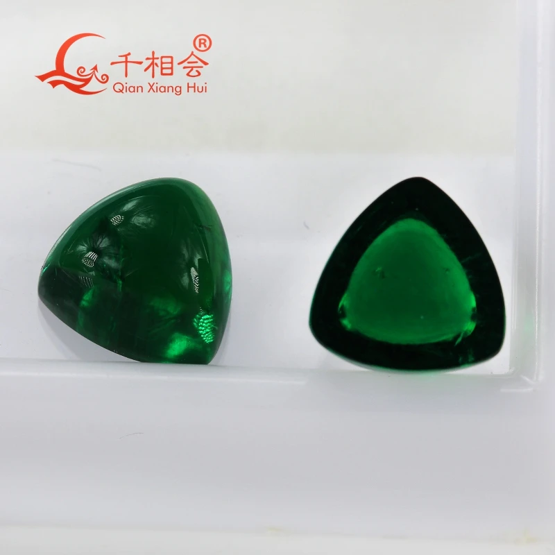 Trillion shape flat back cabochon  Grown Hydrothermal emerald green color including minor cracks inclusions loose gem stone