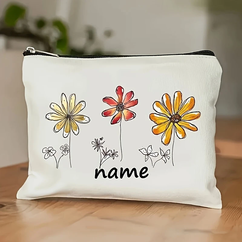 Personalized Floral Zipper Cosmetic Bag Custom Name Logo Self-Design Pattern Exquisite Travel Makeup Organizer For Daily Use