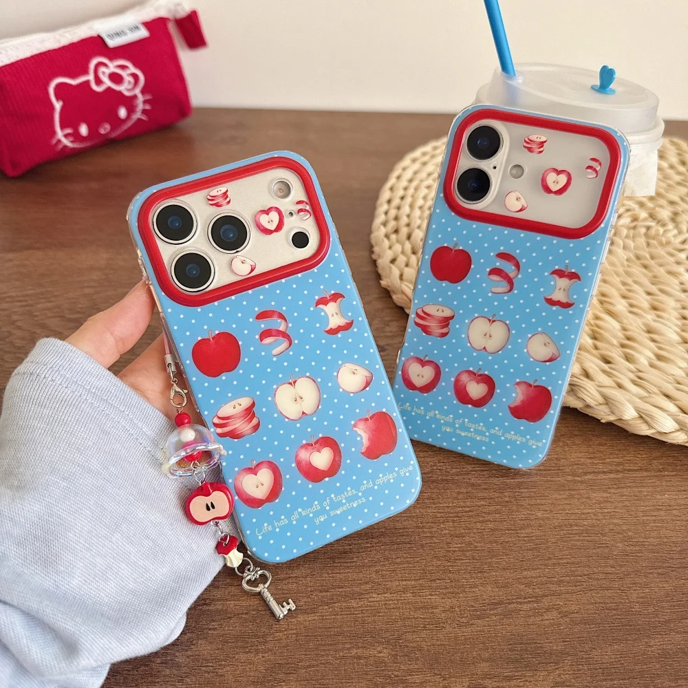 

New Korean Ins Blue Polka Dot Red Apple Print Phone Case for iPhone 17Promax 16Max 15Pro Cute Fashion Protective Case with Charm