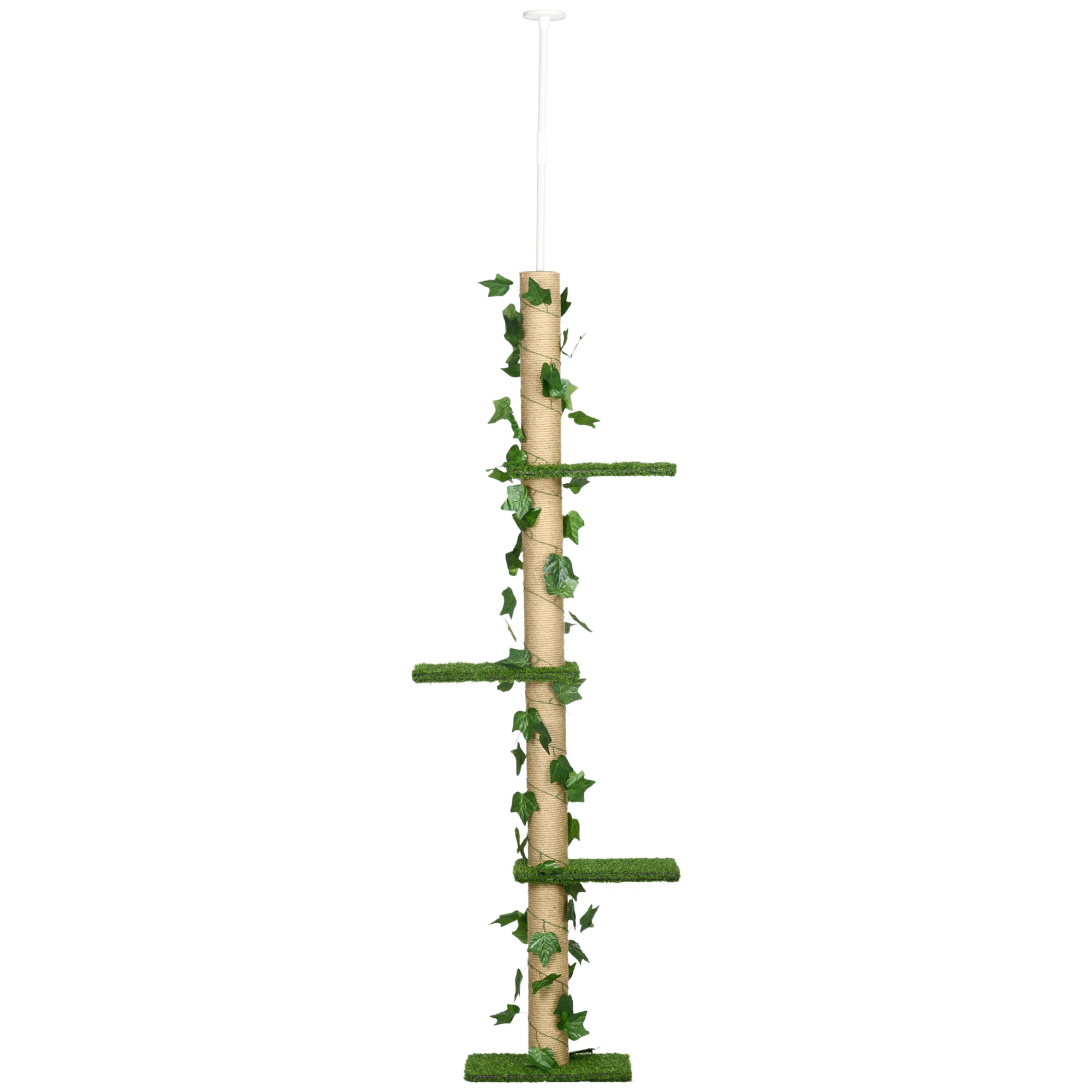 Griffoir pour chat du sol au plafond, arbre à chat, tour d'escalade verticale vert naturel, décoration en lierre artificiel, plateformes multi-herbes, pilier à griffer en corde de jute, hauteur réglable, base antidérapante, mobilier pour chat d'intérieur style jungle