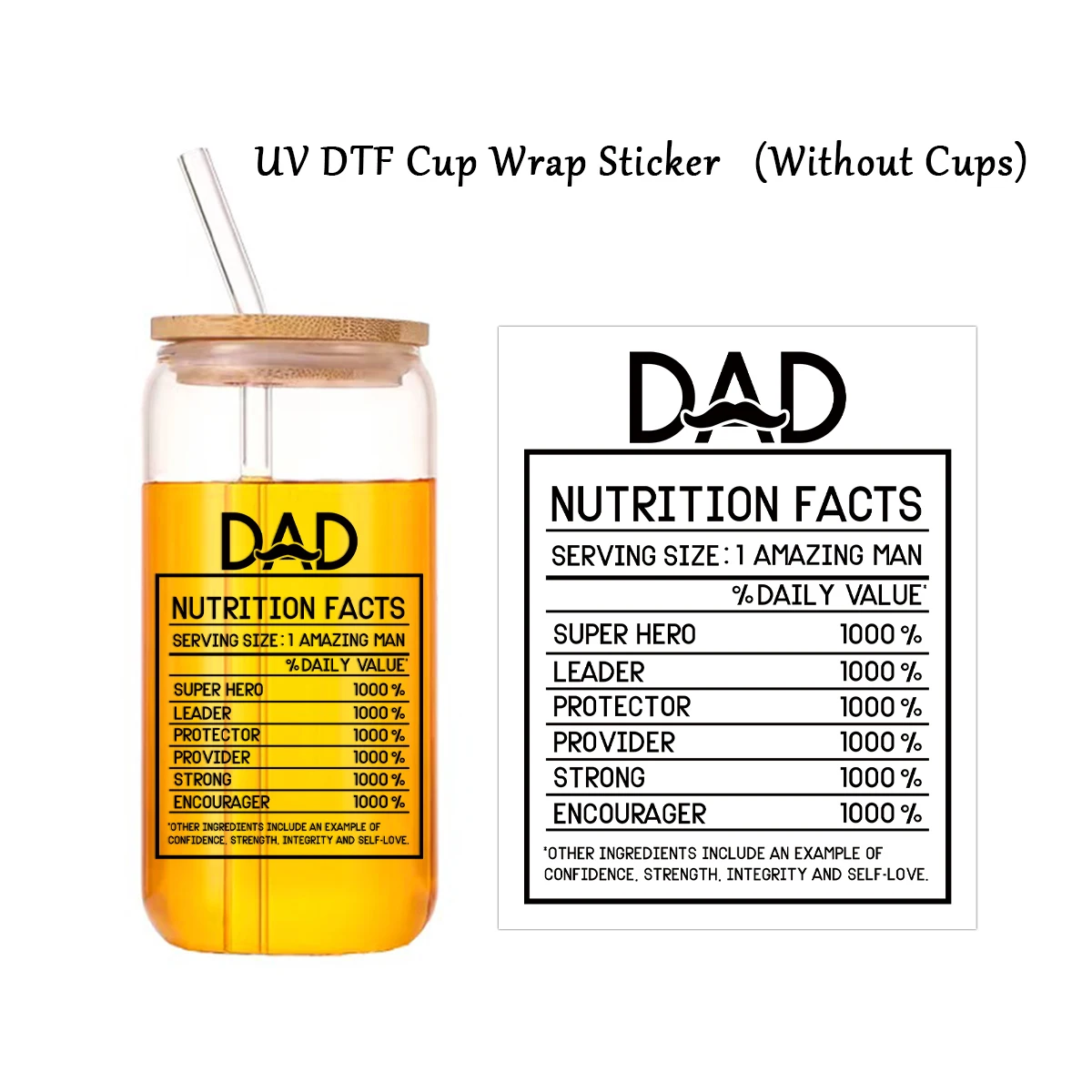 1pc Father's Day Creative Nutritional Facts 3D Uv Dtf Cups Wrap Diy Label Transfer Sticker Waterproof Print For Glass Ceramic