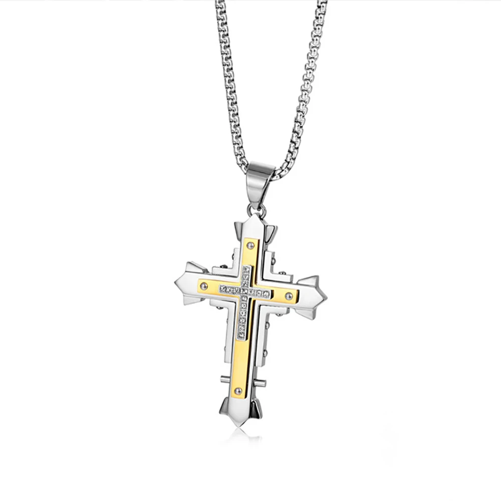 Cross Necklace for Boys Men Domineering patterned stainless steel men's cross pendant with 3mm square pearl chain