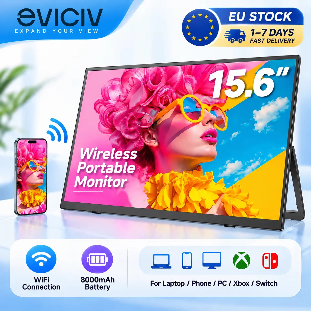 EVICIV, monitor portatile wireless da 15,6 pollici con WiFi e batteria da 8000 mAh, schermo secondario esterno per laptop, smartphone, PC, Xbox e Switch.