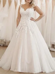 Plus Size A-line Wedding Dresses V-neck Sleeveless Floral Applique Lace Up Back Boho Bridal Gowns Floor Length Vestido De Novia