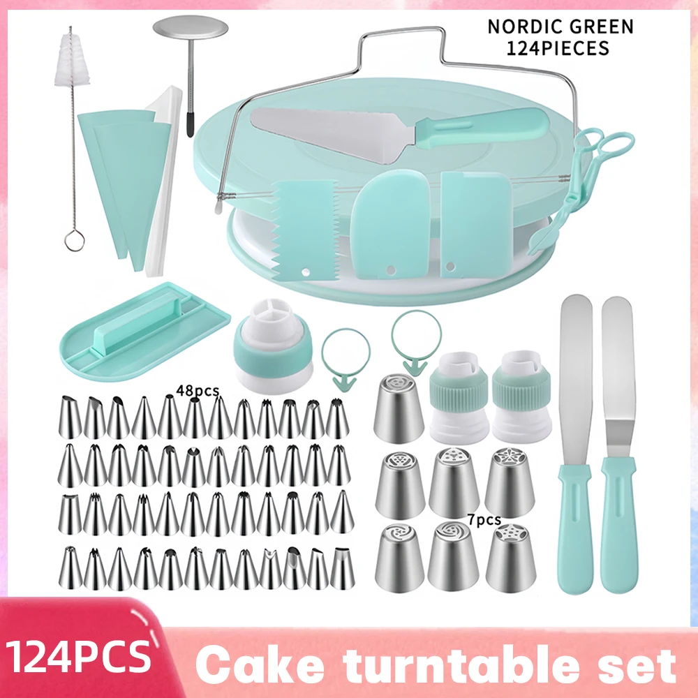 124PCS Pastry Turntable Kit Baking Molds With 50 Disposable Piping Bags 2 Cake Scraper 48 Pastry Nozzles Cake Decorating Kit